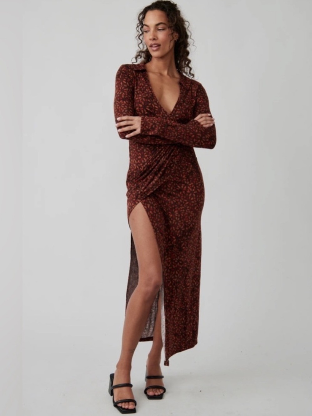 Free People Shayla Floral Print Faux Wrap Midi Dress in Brown Sz S